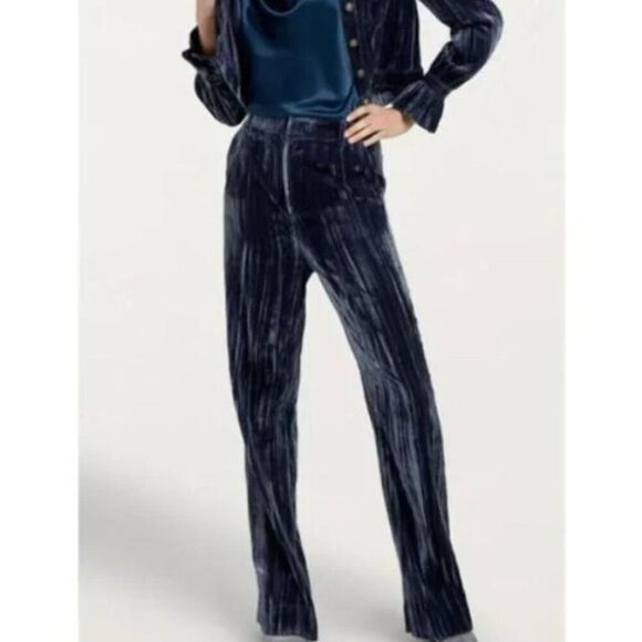 New CINQ A SEPT Collins Relaxed Straight Leg Velvet Pants in Peacock Blue sz 12P - Picture 1 of 16